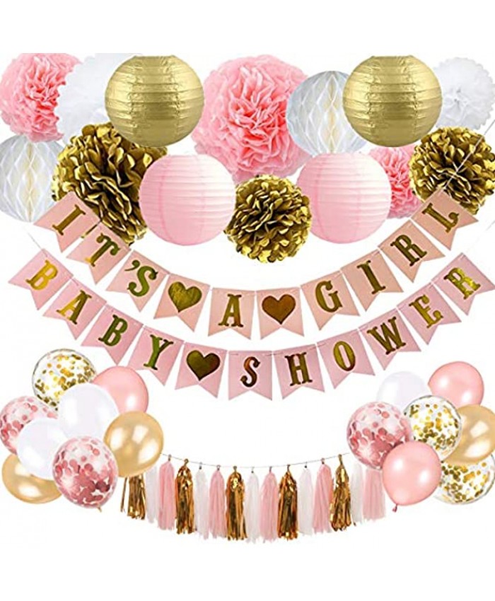 Baby Shower Decorations for Girl Pink and Gold Baby Shower Decoration It’s A girl & Baby Shower Banner with Paper Lantern Pompoms Flowers Honeycomb Ball Balloons Foil Tassel