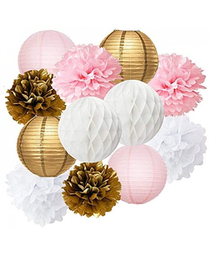 Baby Shower Decorations Furuix 12pcs Pink Gold Party Decorations Tissue Paper Pom Pom Honeycomb Ball and Paper Lantern for One Year Old Girls' Princess Birthday Decorations