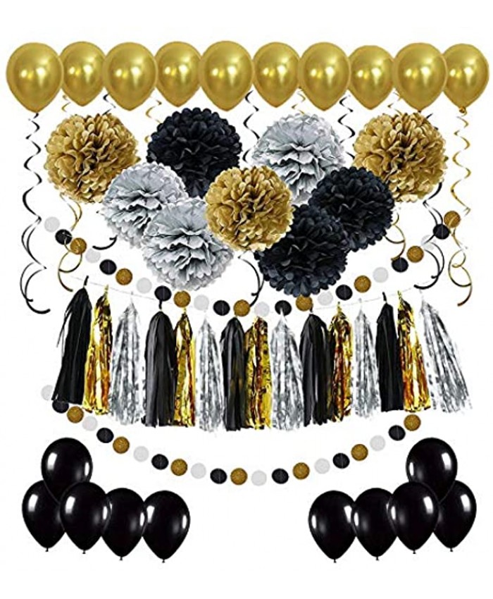 Black and Gold Party Decorations Masquerade and Birthday Party Decorations with DIY Paper Pom Poms Flowers Tassel Garland Balloons Hanging Swirl Circle Paper Garland 58Pcs