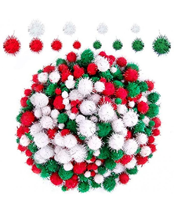 BQTQ 1200 Pieces Christmas Pom Pom Tinsel Pom Pom Balls Glitter Fluffy Pom Pom for Craft Making and Christmas Decorations 4 Sizes White Green Red