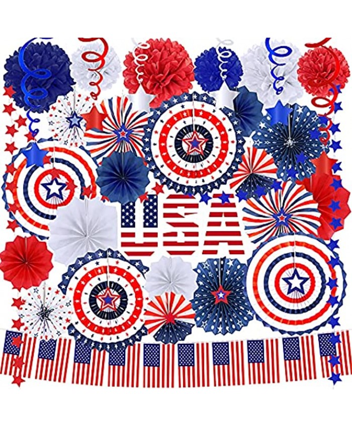 Bulk Patriotic Red White Blue Party Decoration Assortment American USA Flag Banner Star Garland Hanging Paper Fans Hanging Swirl Tissue Paper Pom Poms for 4th of July Independence Day Memorial Day