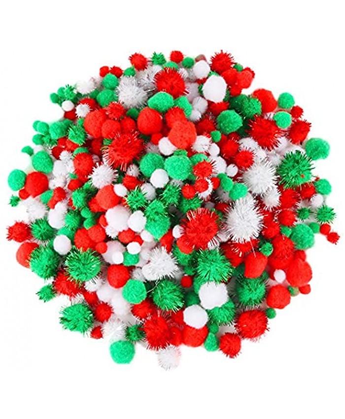 Caydo 500 Pieces Christmas Assorted Pom Poms in 4 Sizes with Glitter Pom Poms for DIY Creative Christmas Crafts DecorationsRed Green White