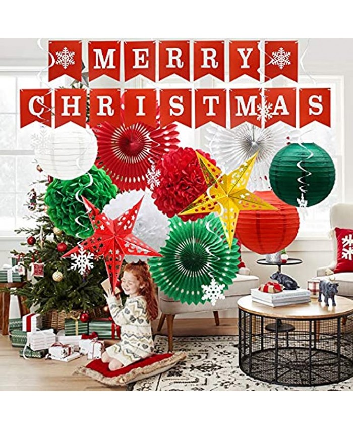 Christmas Party Decorations Merry Christmas Banner Hanging Swirls Hollow Star Lanterns Paper Fans Pom Poms Flower Balls Paper Lanterns for Birthday Wedding Xmas New Years Eve Party Supplies