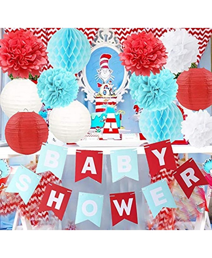 Dr. Seuss Cat in The Hat Party Airplane Dr Seuss Baby Shower Decorations Blue White Red Tissue Paper Flower Honeycomb Balls Circus Carnival Party Decorations Dr. Seuss Cat in The Hat Baby Shower