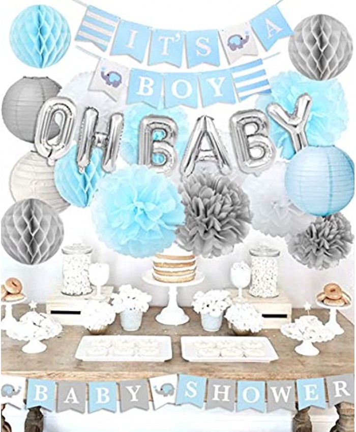 Elephant Baby Shower Decorations for Boy Blue and Sliver It's A Boy Banner Paper Lantern Paper Pom Poms Flower Honeycomb Balls For Elephant Themed Baby Shower Decor