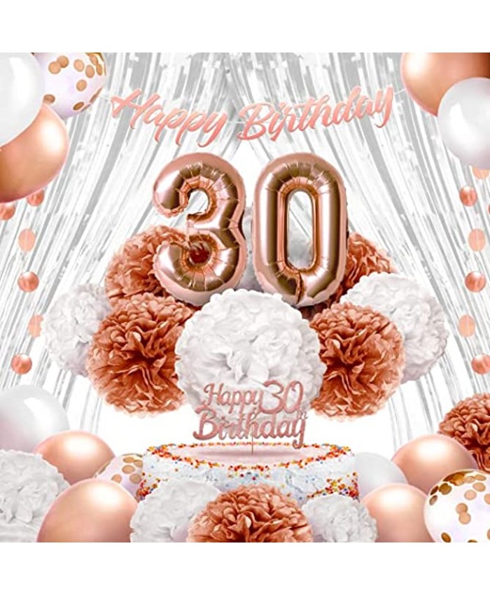 EpiqueOne 30th Birthday Rose Gold Decorations Banner Tassel Garland Latex Balloons Confetti Balloons Paper Pom Poms Happy 30 Birthday Party Supply Set for Her