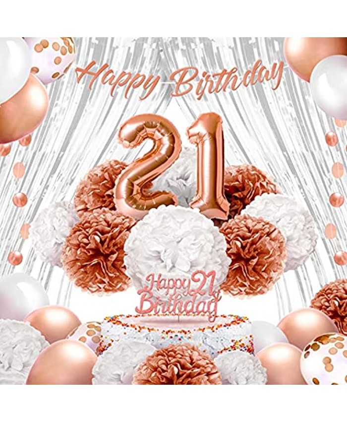 EpiqueOne – 41 Piece Rose Gold 21st Birthday Party Kit – Rose Gold Happy Birthday Banner & Cake Topper Circle Garland Pom Poms Balloons Shiny Curtains – Party Decorations for Women Girls