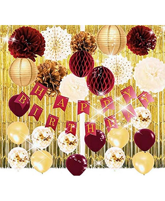 Fall Birthday Party Decorations Burgundy Gold Women Burgundy Gold Happy Birthday Banner Gold Foil Curtains Balloons for Burgundy Fall Birthday Party Supplies Women 40th 50th Birthday Decorations