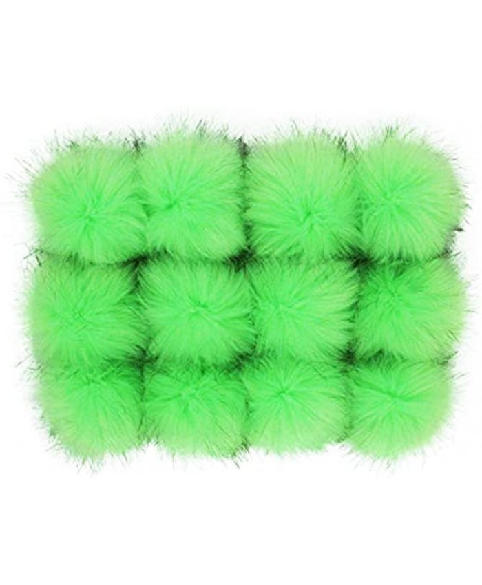 Faux Fox Fur Pom Poms Ball Fluffy Pompom with Elastic Cord for Knitted Garments Hat Accessories 3.9in Pack of 12pcs Bright Green