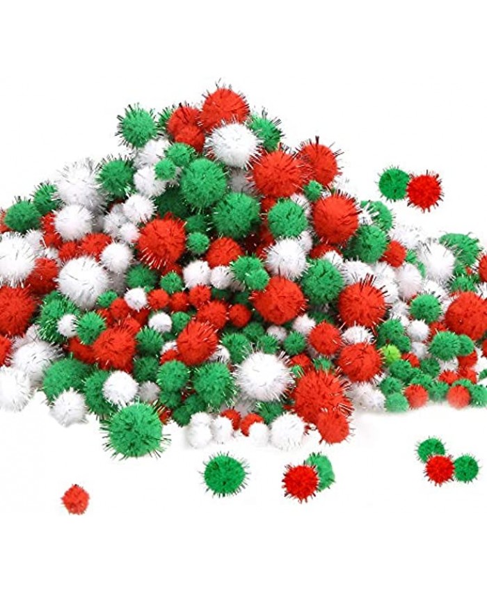 GREENTIME Christmas Pom Pom 1140 Pcs Glitter Fluffy Balls Pompoms Red Green White for DIY Crafts Home Party Xmas Decorations Supplies 4 Sizes