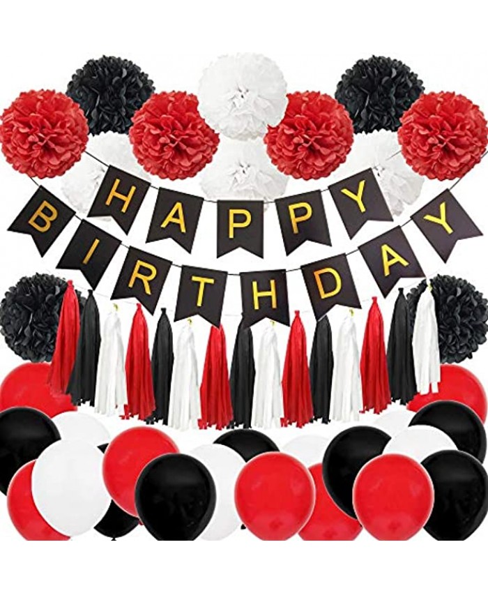 InBy 49pcs Mickey Minnie Mouse Black Red White Happy Birthday Baby Shower Party Decoration Supplies Kit 'Happy Birthday' Banner Tissue Paper Pom Pom Tassel Garland Latex Balloon Red