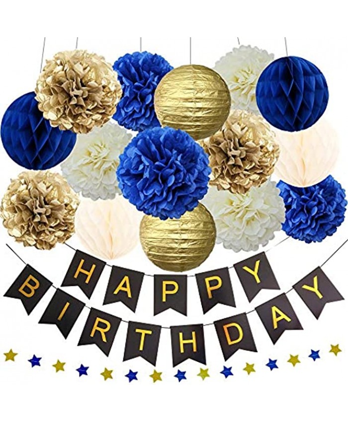 InBy Navy Blue Gold Birthday Baby Boy Shower Party Decoration Kit Happy Birthday Banner 12" 10" 8" Tissue Paper Pom Pom Lantern Honeycomb Ball Star Garland