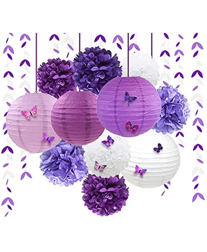 Lavender Party Decorations Kit Purple White Lanterns with Flowers Pom Pom with 3D Butterfly Stickers and Leaf Garland for Lilac Wedding Engagement Bridal Shower Birthday Bachelorette Baby Shower Party
