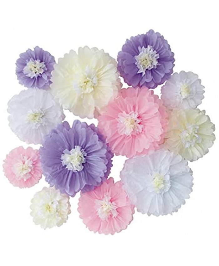 Lavender Pink White Tissue Paper Flower for Neutral Girl Baby Shower Party Birthday Baby Girl Room Nursery Decoration Pack of 12