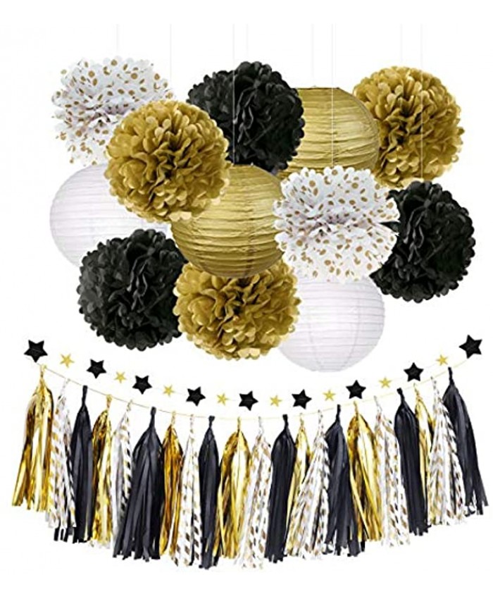 NICROLANDEE Black and Gold Party Decorations Black Gold Tissue Paper Pom Poms Flowers Hanging Paper Lanterns Star Garland Tassel for Happy New Year Decorations 2022 Wedding Birthday Prom Party