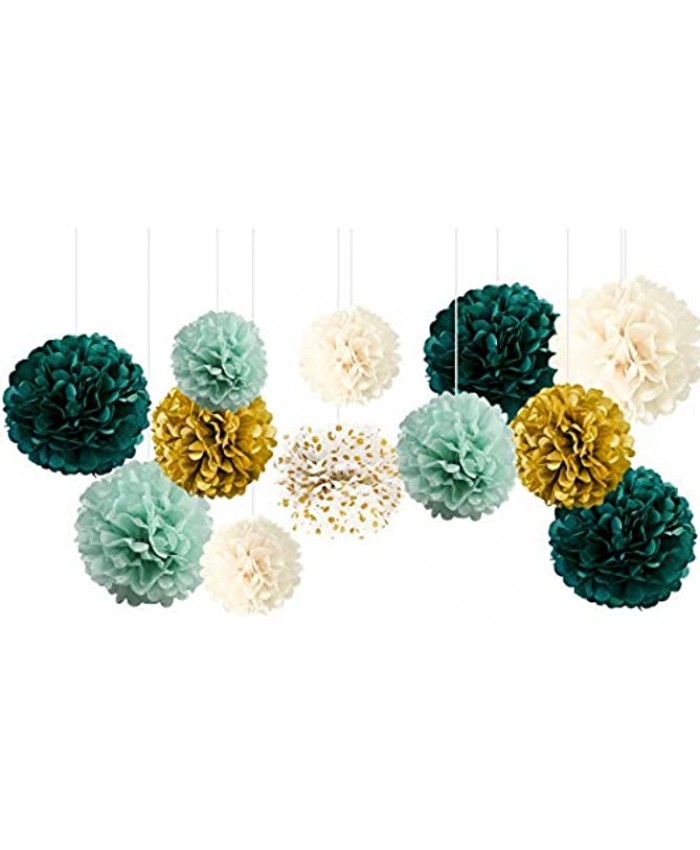 NICROLANDEE Wedding Party Decorations 12 PCS Green Ivory Tissue Paper Pom Poms for Neutral Baby Shower Vintage Party Birthday Bridal Showers Rustic Wedding Decorations