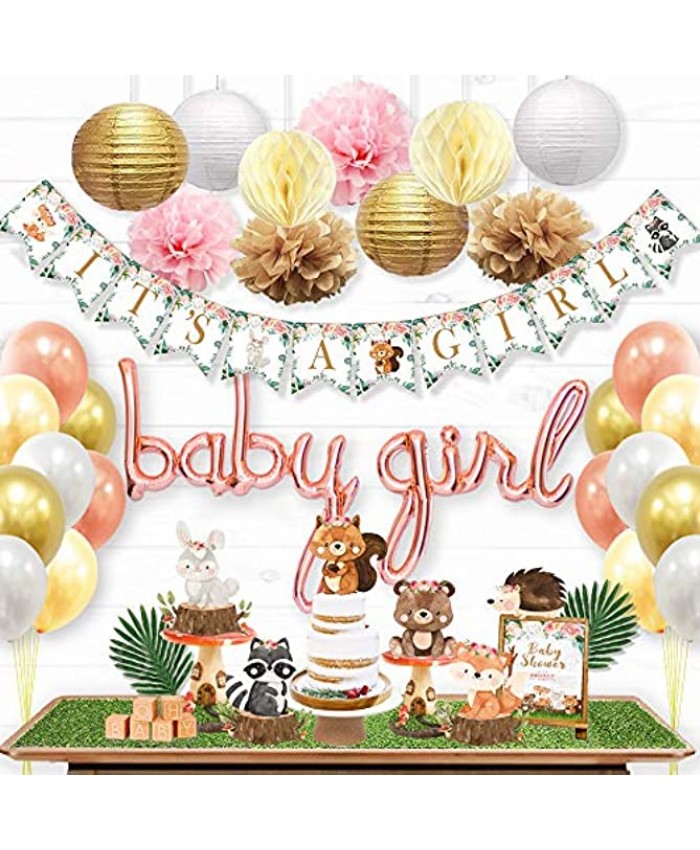 Ola Memoirs Woodland Baby Shower Decorations for Girl Woodland Creatures It's A Girl Banner Boho Floral Forest Animals Cutouts Rose Gold Baby Girl Balloons Pink Khaki Pom Poms Gold Lanterns
