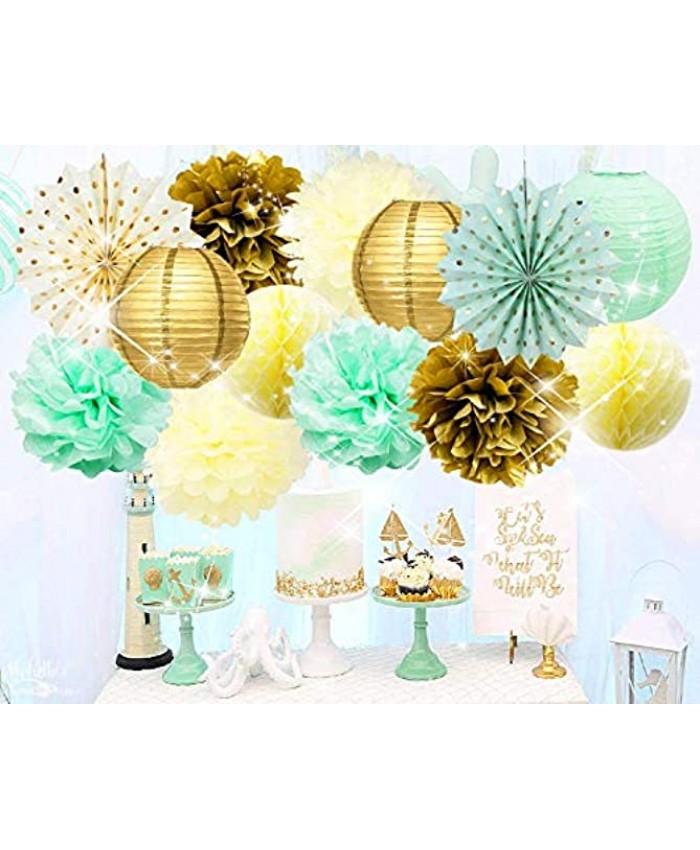 Qian's Party Mint Gold Birthday Decorations Mint Cream Gold Polka Dot Paper Fan for Gender Neutral Baby Shower Decor Trial Baby Shower Decorations Mint Gold First Birthday Bridal Shower Decorations
