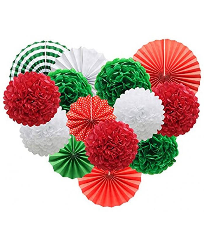 Red White Green Hanging Paper Party Decorations Round Paper Fans Set Paper Pom Poms Flowers for Christmas Birthday Wedding Graduation Baby Shower