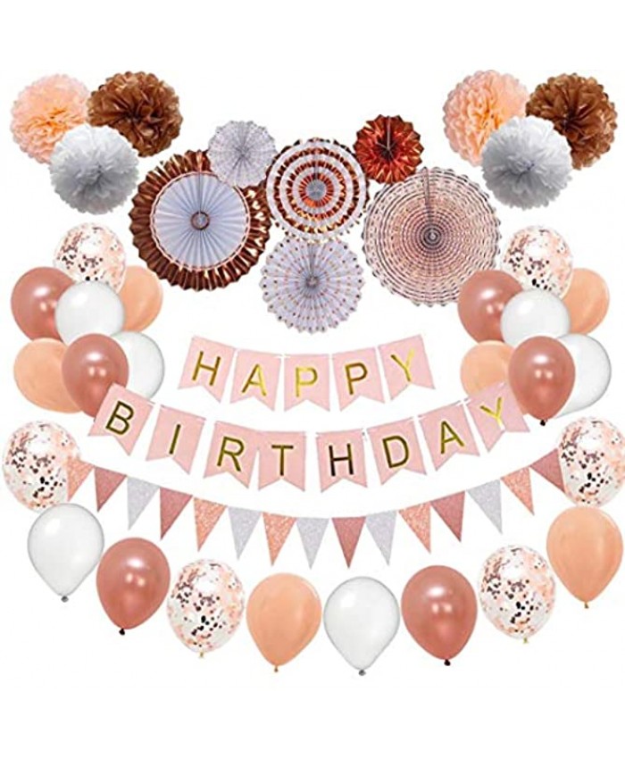 Rose Gold Birthday Party Decorations Bachelor Party Supplies 52pc Pom Poms Hanging Paper Fans Happy Birthday banner Rose Gold Glitter Garlands Balloons,Confetti balloons Bachelor party kit
