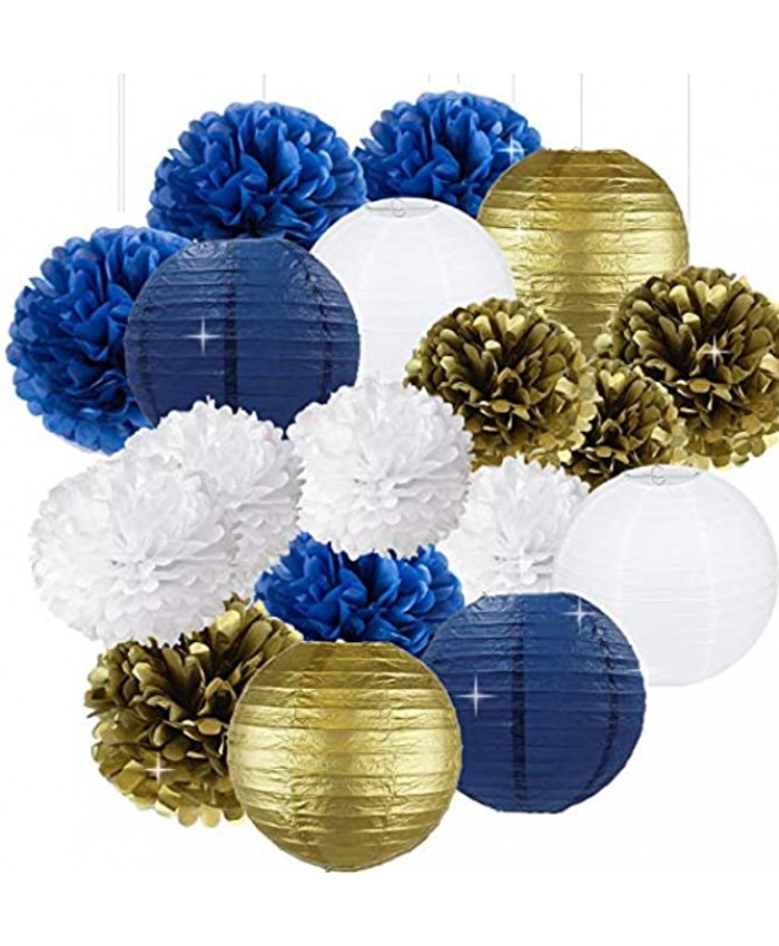 Sogorge 18pcs White Navy Blue Gold 8inch 10inch Tissue Paper Pom Pom Paper Flowers Paper Honeycomb Paper Lanterns for Navy Blue Themed Party,Party Decoration Bridal Shower Decor Baby Shower Decoration