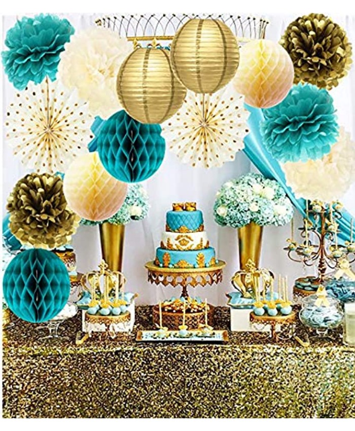 Teal Gold Birthday Party Decorations Women Gold Polka Dot Paper Fans for Teal Gold Wedding Engagement Party Bridal Shower Decorations Bachelorette Party Decorations Turquoise Party Decorations