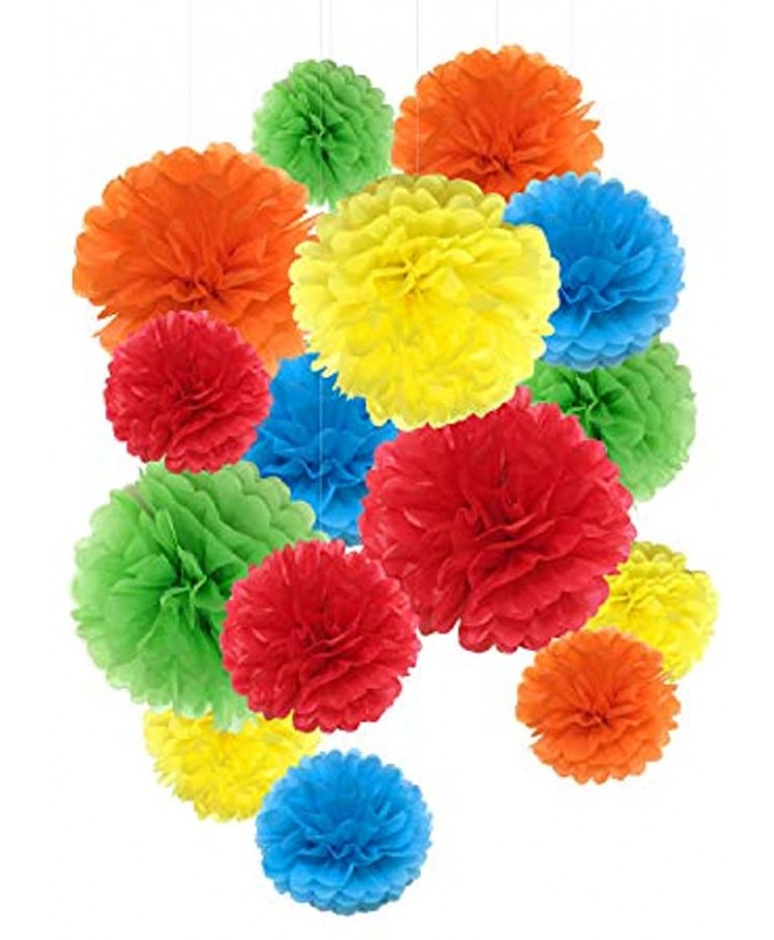Tissue Paper Pom Poms Paper Flowers for Wedding Birthday Celebration Party Decorations and Outdoor Decor 15 Pcs of 8,10,14 Inch Rainbow