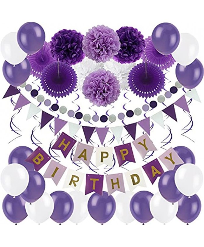 ZERODECO Birthday Decoration Set Happy Birthday Banner Bunting with 4 Paper Fans Tissue 6 Paper Pom Poms Flower 10 Hanging Swirl and 20 Balloon for Birthday Party Decorations Purple Lavender White