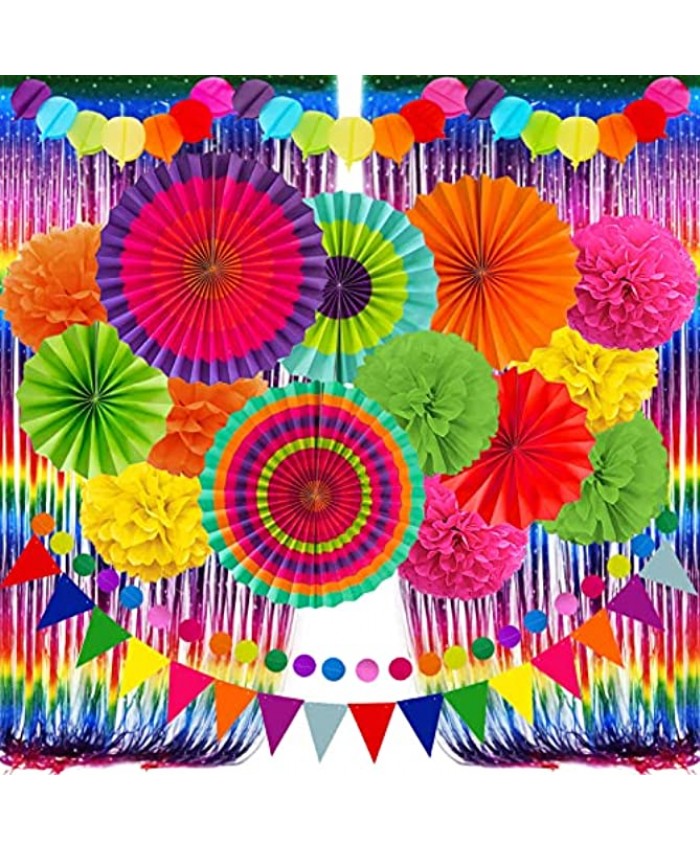 ZERODECO Fiesta Paper Fan Party Decorations Set Multicolor Cinco De Mayo Pom Poms Pennant Garland String Banner Fringe Curtains Mexican Coco Carnivals Festivals Party Supplies
