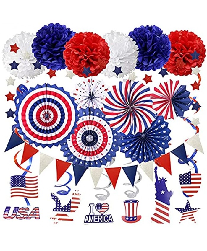 ZERODECO USA Party Supplies Navy Blue Red Paper Fans Set Pom Poms Star Streamer Hanging Swirls USA Flag for 4th of July Day Patriotic Decorations Birthday Wedding Graduation Independence Day