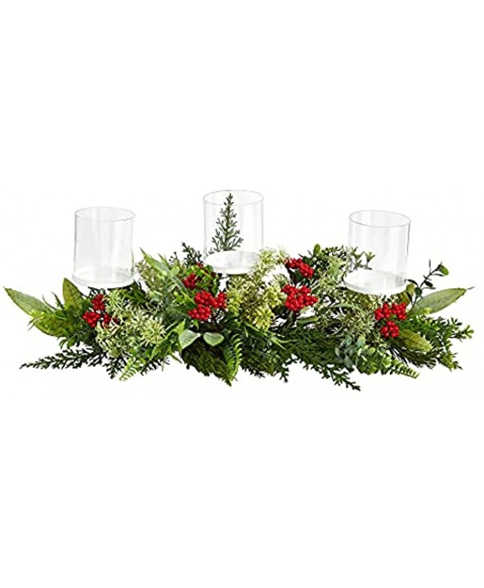 20in. Holiday Winter Greenery and Berries Triple Candle Holder Artificial Christmas Table Arrangement
