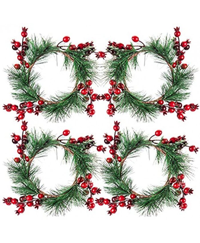 4 Pcs Christmas Candle Rings- 4.5 Inches Snowy Pine Needles Candle Rings Wreaths with Artificial Red Berries for Rustic Wedding Centerpiece Christmas Festival Table Decoration