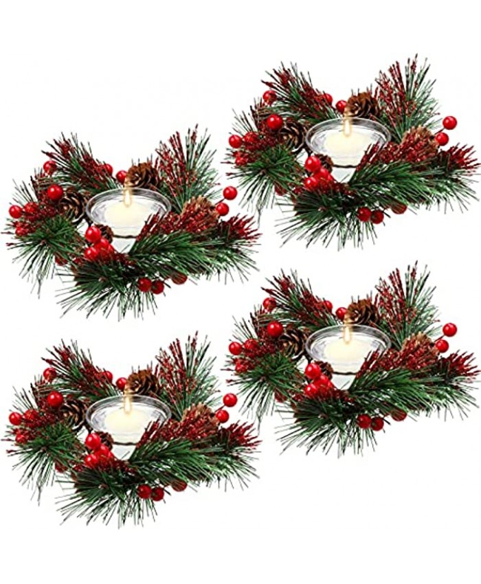 4 Pieces Christmas Candle Holders Christmas Candle Rings Christmas Votive Candle Holders Christmas Candle Centerpiece Mini Wreath with Pinecone Berry Candle Wreath Ring for Xmas