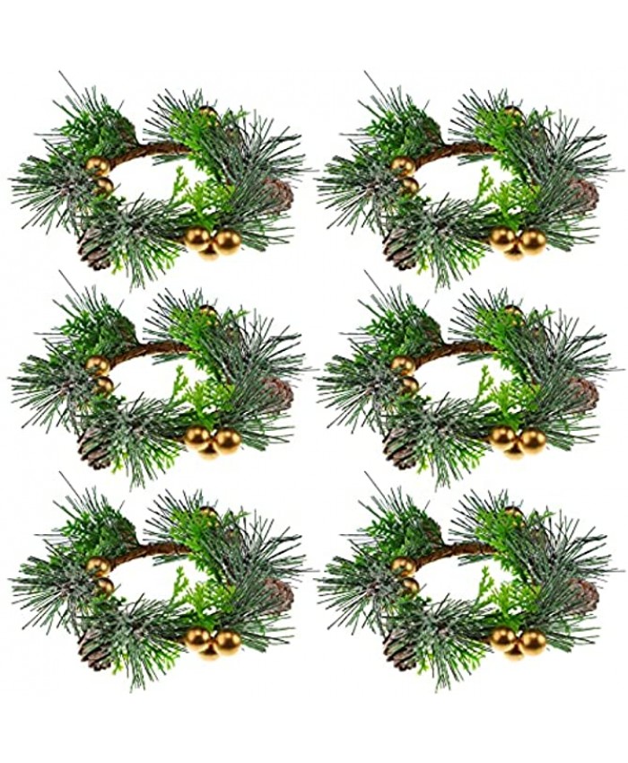 6 Pieces Christmas Candle Ring Artificial Berry Candle Rings with Pine Cones Small Wreaths for Home Wedding Living Room and Christmas Holiday Table Decoration Gold