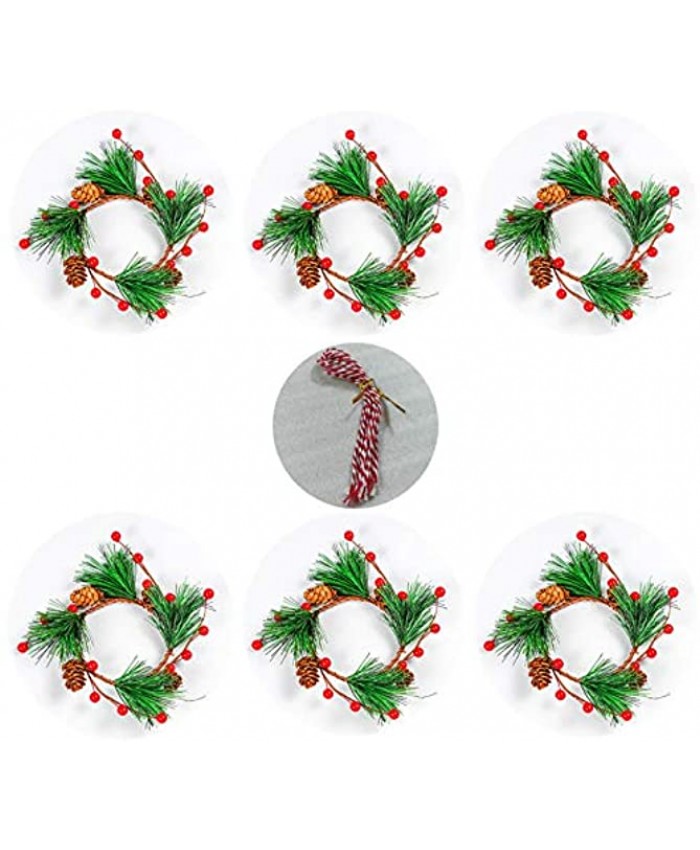 6pcs Christmas Candle Wreaths Rings Red Berry Pine Wreath with Pine Cones for Pillar Candle Rustic Wedding Centerpiece and Christmas Holiday Table Decoration