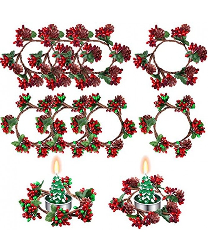 8 Pieces Christmas Votive Candle Holders Christmas Candle Rings Red Artificial Berry Candle Rings Wreaths with Pine Cones for Pillars Christmas Table Centerpieces Decoration Supplies