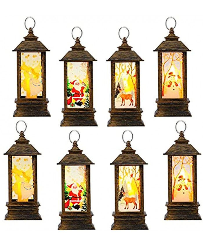 Aodaer 8 Pieces Mini Christmas Lanterns Decorative 5.12 x 2.17 x 2.17 Inch Hanging Christmas Lighted Lantern with Santa Claus Elk Angel and Snow Man for Xmas Tree Home Decor Outdoor and Indoor