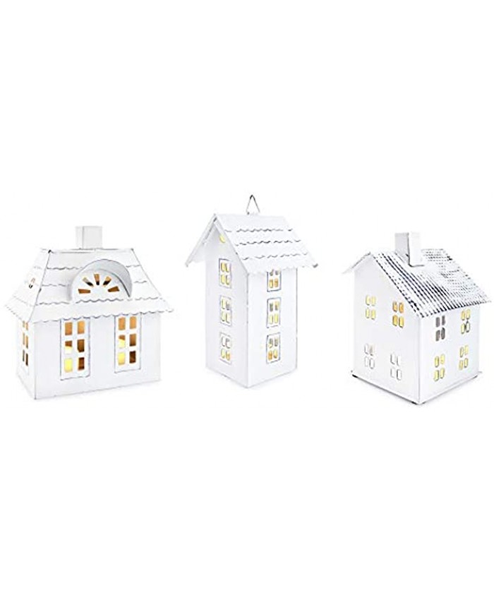 AuldHome Farmhouse Decor Tin Houses Set of 3 White; Candle Lantern Decorative Holiday Christmas Village Display or Votive Holder