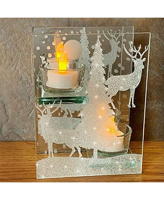 BANBERRY DESIGNS Glitter Candle Holder- Glittery Deer Winter Woodsy Scene Infinity Tealight Holder- Christmas Reindeer- Seasonal Decor