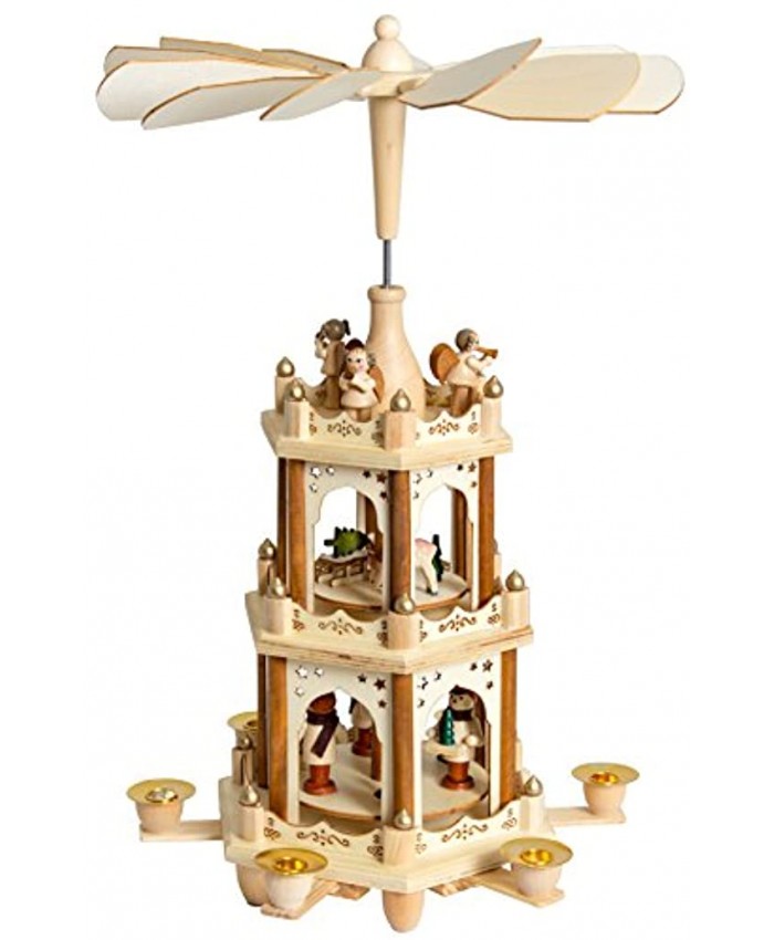 BRUBAKER Christmas Decoration Pyramid 18 Inches Wood Nativity Play 3 Tier Carousel with 6 Candle Holders