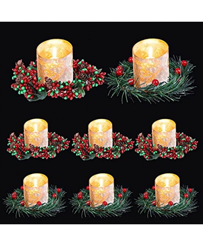 Christmas Candle Rings ManChDa 8 Pcs Candle Rings Wreaths with Berries and Pinecone,Small Candle Rings for Wedding Centerpiece Christmas Table Decor 4.3 and 3.3 inch