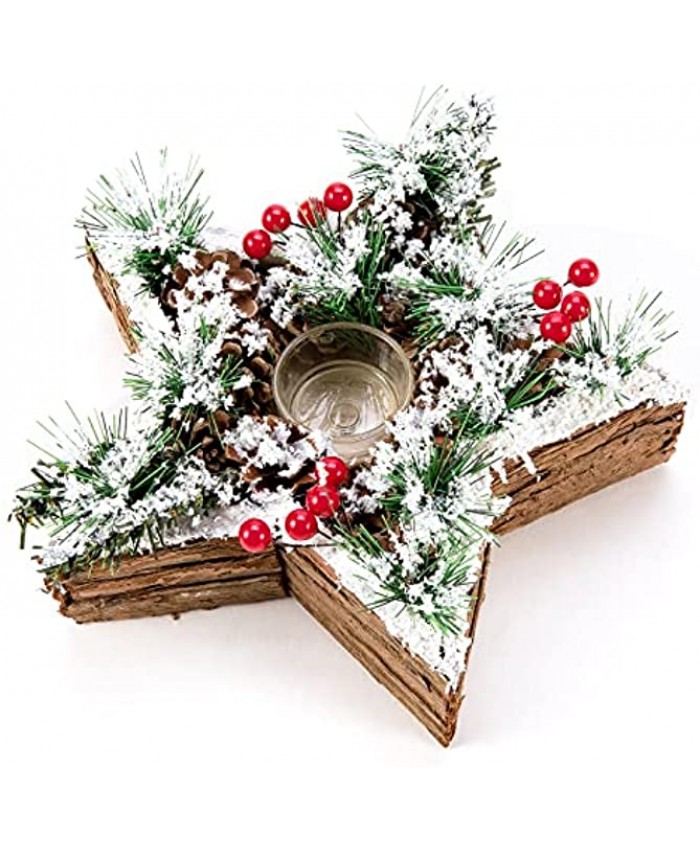 Christmas Centerpiece Candle Holder Holiday Table Centerpieces Snow Flocked Artificial Xmas Tree Branches Frosted Red Berries Pine Cones Farmhouse Star Wood Decoration