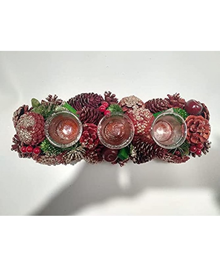 Christmas Valentine's Day Decoration Gifts Three Cup Candlestick Pure Handmade Natural Materials Candlestick Artificial ice and Snow Decorated Pinecone Cherry Pattern Candlestick
