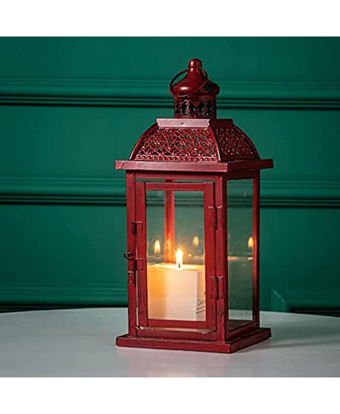 DECORKEY Large Decorative Candle Lantern 14.4 inch Christmas Candle Holder with Clear Glass Metal Hanging Lantern Decor Vintage Christmas Decorations for Outdoor Patio in Red Square