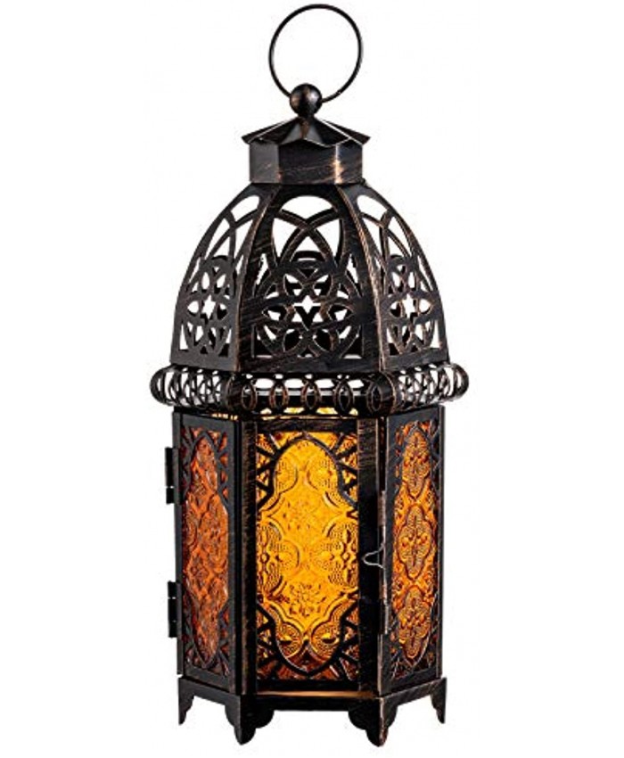 DECORKEY Vintage Large Size Decorative Candle Lantern 12.8 inch Moroccan Style Christmas Hanging Lantern Metal Tabletop Lantern Decor Christmas Candle Holders for Outdoor Patio Amber