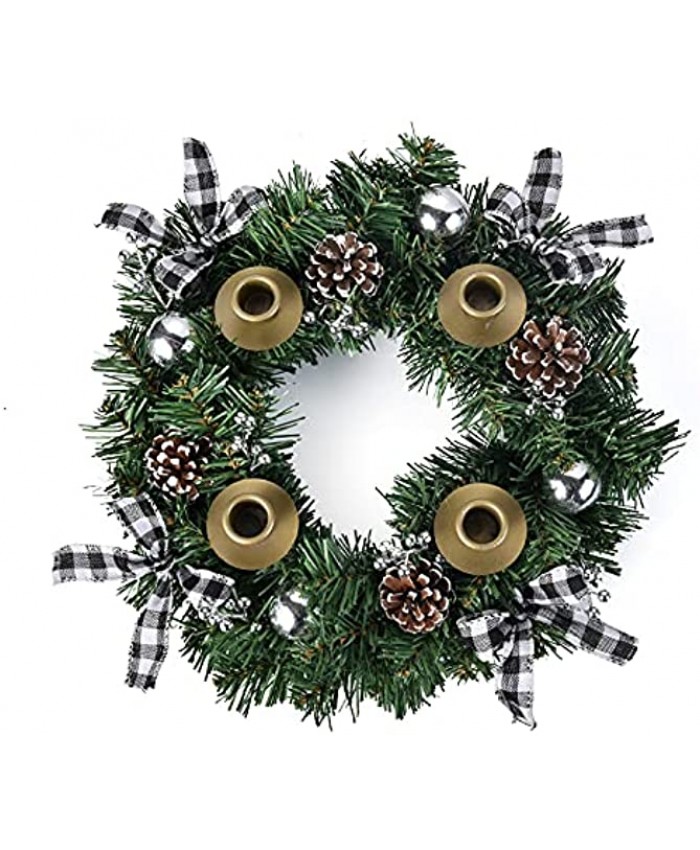 Feirui 14” Christmas Advent Wreath Ring Candle Holder White and Black Tartan Ribbon and Pine Cones Advent Calendar Season Candle Holder Centerpiece Decor X-mas Candles Decorations