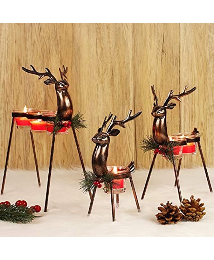 FORUP 3 Pack Metal Reindeer Tea Light Candle Holders Glass Votive Candle Holders Christmas Reindeer Metal Candle Holders Christmas Table Decorations for Home