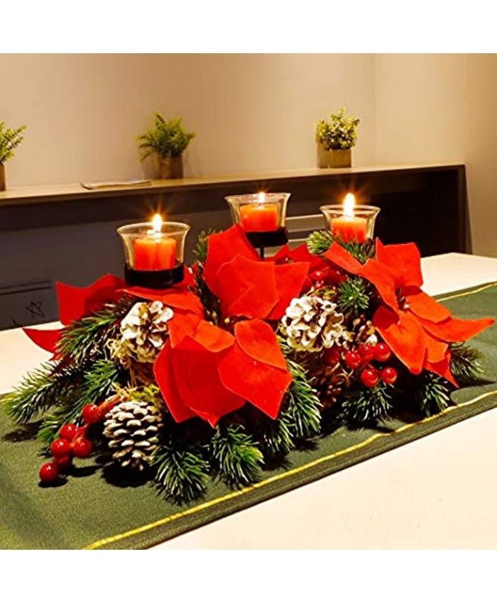 FORUP Christmas Centerpiece Christmas Candle Holders Christmas Tabletop Poinsettia Centerpiece with 3 Candle Holders Romantic Holiday Candelabrum for Home Party Christmas Table Mantel Decorations