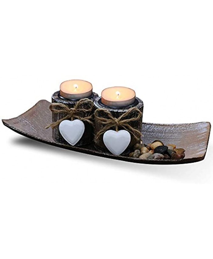 Fovasen Shabby Chic Tea Light Candle Holders Romantic Valentines Christmas Decor Rustic Candle Holder Set Wooden Votive Candlestick with Tray and Rocks for Coffee Dining Table Center Decor-Set of 2