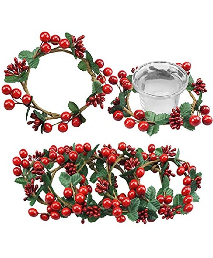 Grenerics 6 PCS Red Berries Candle Rings Artificial Holly Leaves Berry Stamens Wreath of Votives Candle Holders Decor for Christmas Ornaments by Baryuefull